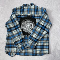 Columbia Plaid Flannel Shirt Mens L Upcycled Opossum Back Patch Graphic Blue