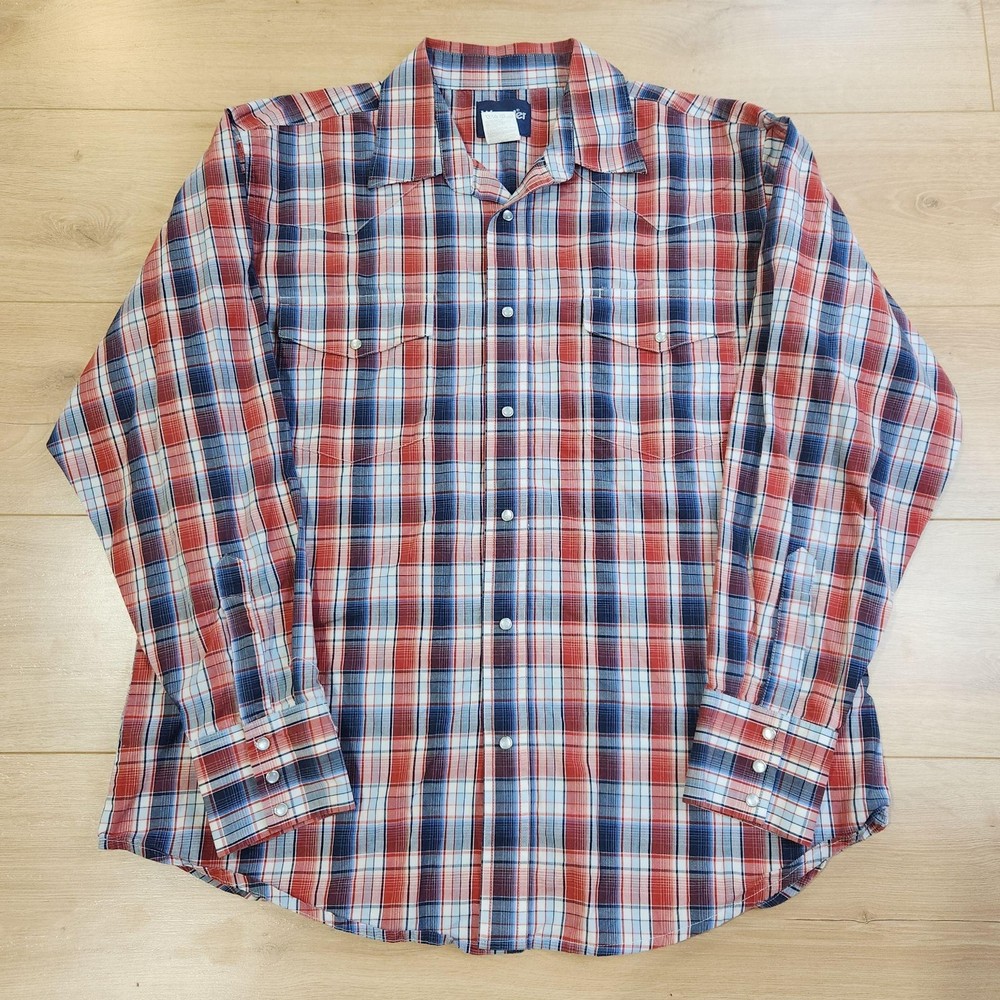 Wrangler Western Shirt Mens XL Red Blue Plaid Pearl Snap Long Sleeve Cowboy