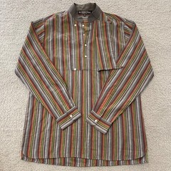 J Peterman Sedona Bib Front Popover Shirt Mens L Stripe Band Collar Cotton
