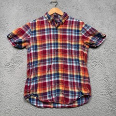 J Crew Shirt Mens Small Slim Plaid Cotton Linen Blend Button Down Short Sleeve