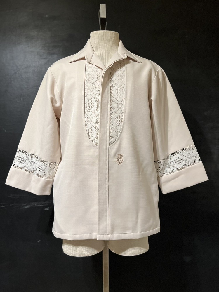 VTG Hawaiian Wedding Shirt Beau Tiki Iolani White Aloha Cruise Polyester Lace~L