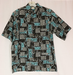 Go Barefoot Hawaiian Polynesian Makau Fish Hook Shirt Mens Medium Made in USA