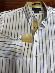 Paul Fredrick Dress Shirt Mens 16.5-33 Navy Stripe Gold Contrast Cuffs Classic
