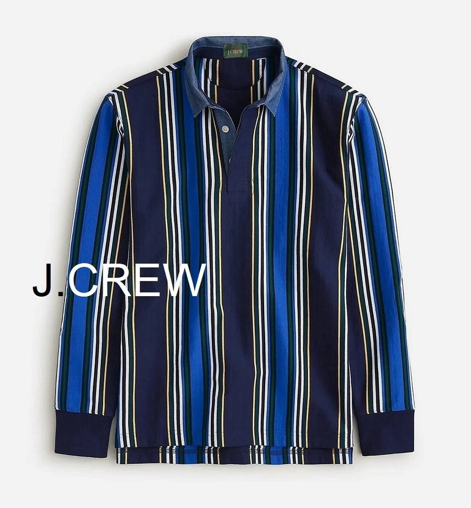 J.CREW rugby shirt striped navy blue royal vertical elbow pad chambray collar L
