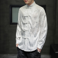 Chinese Style Men Jacquard Shirt Tang Suit Top Kung Fu Frog Button Ethnic Jacket