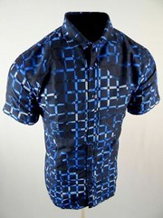 Men Short Sleeve Shirt Blue Shade Check Style Prints Slim Fit Button Front
