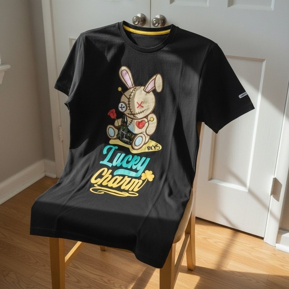 BKYS Men’s Lucky Charm Voodoo Bunny Graphic T-Shirt Black Cotton Spandex