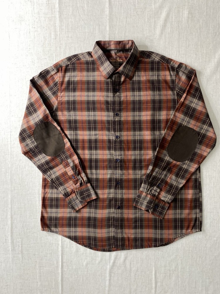 TASSO ELBA Mens L 16-16.5 Plaid Button Up Shirt Suede Elbow Patches Cotton Brown