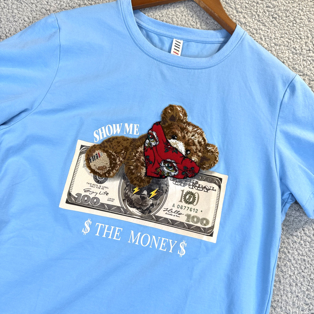 Fifth Loop Blue T-SHIRT Size Small ‘Show me the money’ Embroidered Bear Bandana