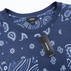 Express Navy Blue Paisley Bandana Print Short Sleeve Crew Neck Shirt Mens XL NEW