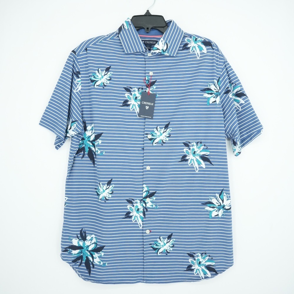 Cremieux Men’s Polo Shirt L Blue White Gray Floral Striped NWT $79.50