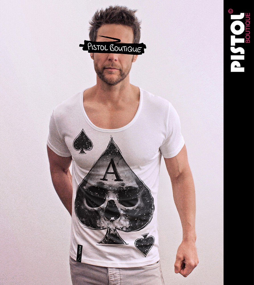 Pistol Boutique Men’s Fitted White Round Scoop Neck ACE OF SPADES SKULL T-shirt