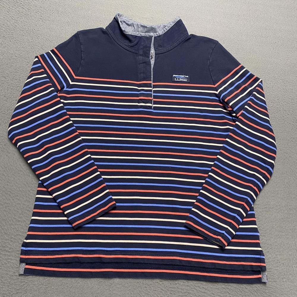 L.L.Bean Shirt Mens Medium Blue Striped Mock Neck Long Sleeve Cotton Casual