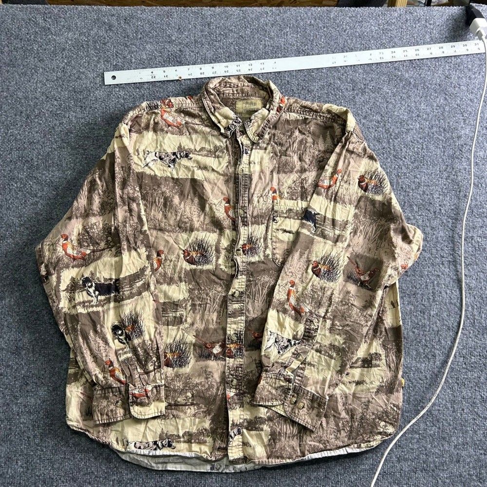 Outdoor Life Shirt Mens XL Tan Wildlife Pheasant Hunting Dog Print Long Sleeve