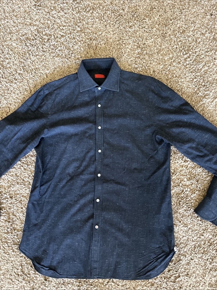 Isaia Dress Shirt Mens 15 3/4 40 Black With White Specks Made In Italy Cotton