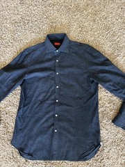 Isaia Dress Shirt Mens 15 3/4 40 Black With White Specks Made In Italy Cotton