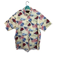 North River Button Down Shirt Mens XL Yellow Vintage Car American Flag Cotton