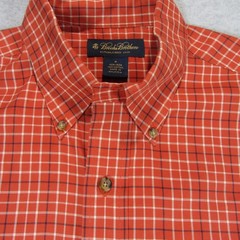 Brooks Brothers Mens Button Down Shirt M Orange Red Plaid 100% Cotton Pocket