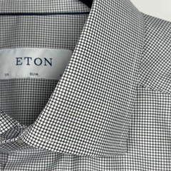 ETON Men Dress Shirt 15.5 Slim Fit Twill Cotton Micro Check Patterned Navy White