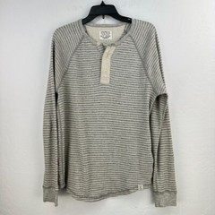 Lucky Brand Henley Shirt Waffle Knit Men M Cream Gray Cotton Striped Casual