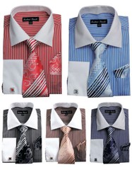 Men’s French Cuff Striped Dress Shirt with Tie Handkerchief and Cufflinks FL631