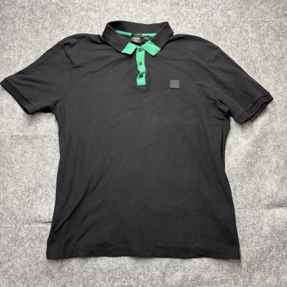 HUGO BOSS Shirt Men XXL Black Green Luxury Cotton Slim Fit Polo Tipped