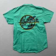 Sir Beau Vintage Teal Green Parrot Graphic Short Sleeve Button Up Shirt Mens M
