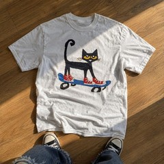 Skateboarding Black Cat White Graphic T-Shirt Funny Retro Style Tee