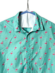 Mens XL Flamingo Print SS Button Up Aqua Party Beach Summer Shirt Hawaiian