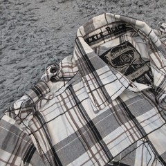 Buckle Black Label Shirt Mens L Slim Gray Blue Plaid Snap Epaulettes Prosperitas