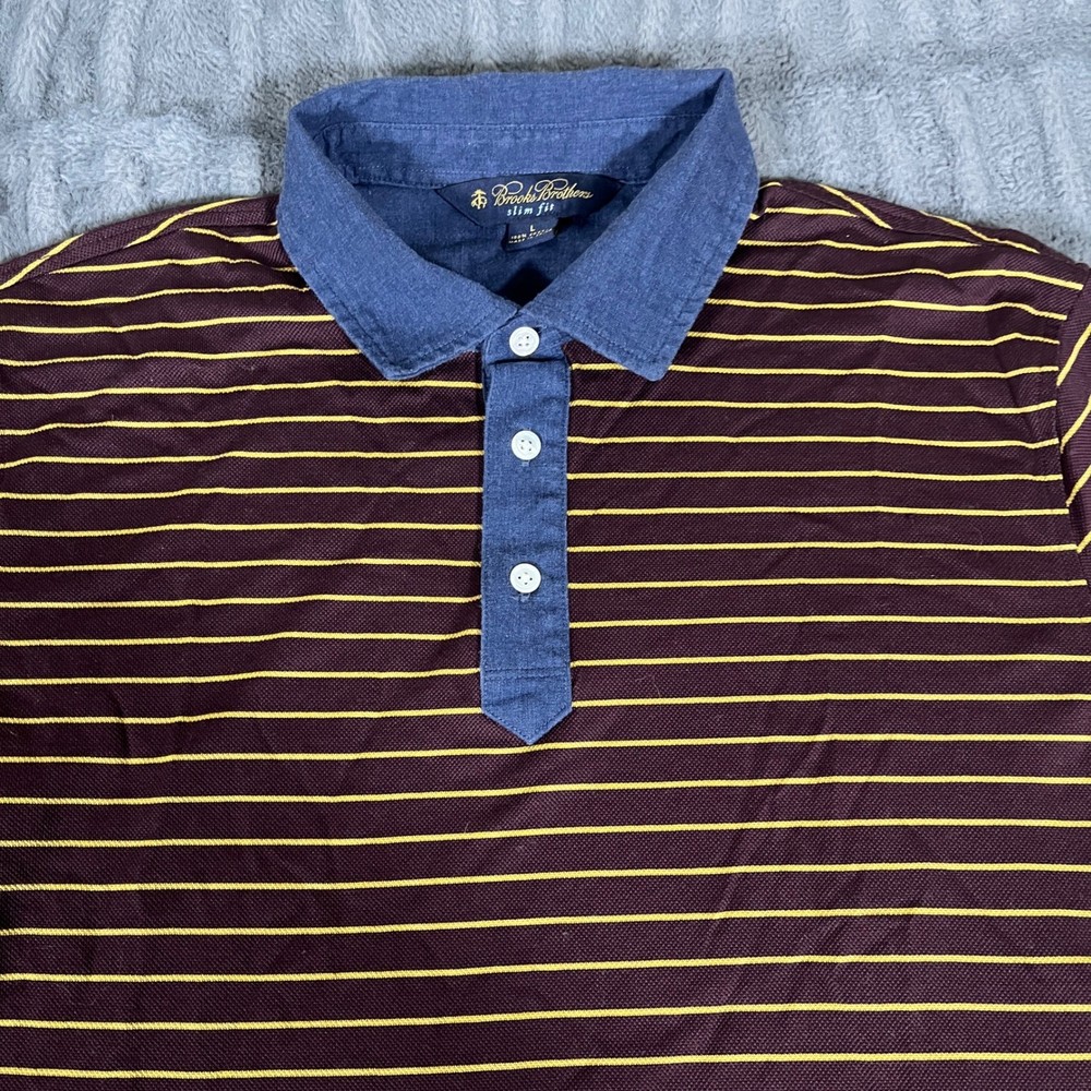 Brooks Brothers Slim Fit Polo Shirt Mens Large Maroon Yellow Striped Chambray L
