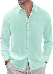 Men’s Linen Shirt Casual Long Sleeve Button Down Summer Beach Pocket
