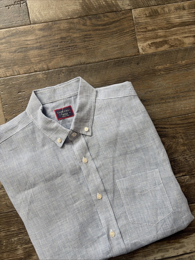 Untuckit Mens Button Up Shirt Medium Light Blue Checked 100% Linen Short Sleeve