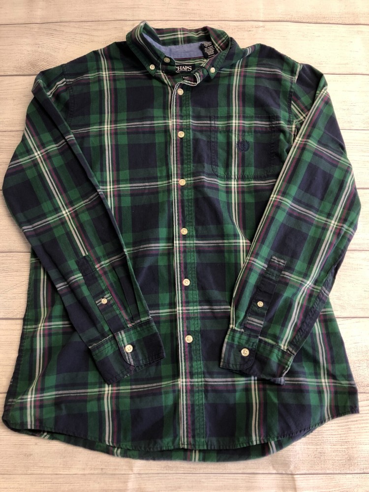 Chaps Button Down Shirt Mens Medium Easy Care Green Plaid Pocket Logo Collared