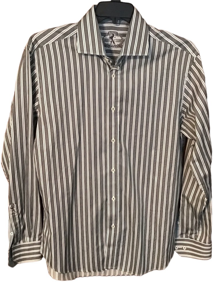 Bugatchi Shaped Fit Men’s Size Large Cotton Shirt Black & White Striped