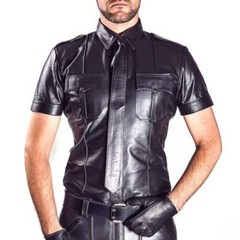 Men’s Real Leather Police Shirt Gay Biker Schwarz Cuir Lederhemd Black Punk Kink