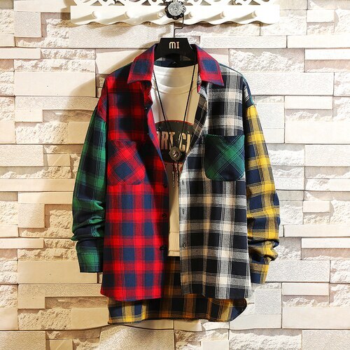 Personality Patchwork Red Plaid Shirt Men’s Street Hip Hop Long-sleeved Shirt