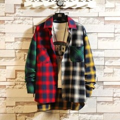 Personality Patchwork Red Plaid Shirt Men’s Street Hip Hop Long-sleeved Shirt