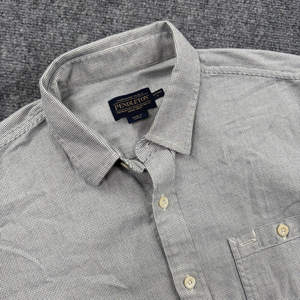 Pendleton Button Up Shirt Large Grey Micro Pattern Short Sleeve Fitted Mens