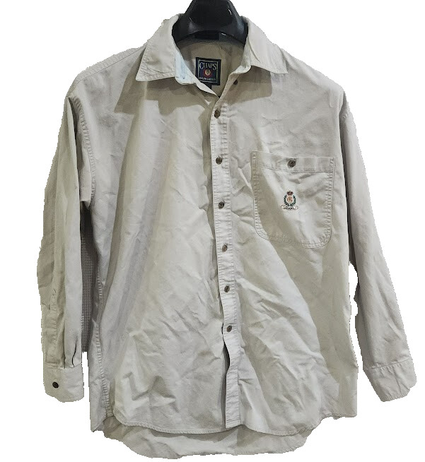 Vtg Chaps Ralph Lauren Men’s Button Down Shirt M cream Khaki Crest Logo 90s