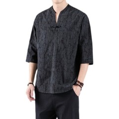 Men Cotton Linen T-shirt Half Sleeve Chinese Frog Button Crackled Pattern Ethnic