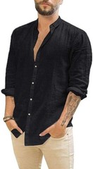 Men Linen Summer Shirt Button Down Long Sleeve Cotton Beach Band Collar Casual