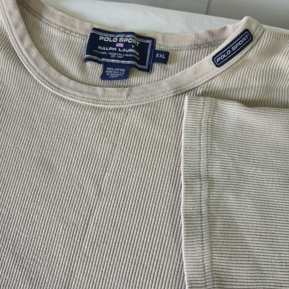 Polo Sport Ralph Lauren Mens XXL Beige Ribbed Cotton T-Shirt Made in USA Vintage