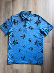 TravisMathew Men’s Polo Shirt L Blue/Black Floral Short Sleeve Collared Piqué