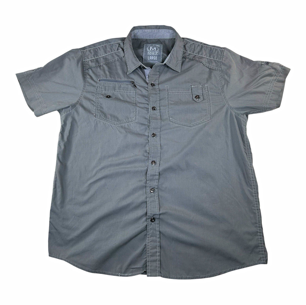 MO7 Gray Solid Short Sleeve Button-Up Shirt Men’s L Utility Military Streetwear