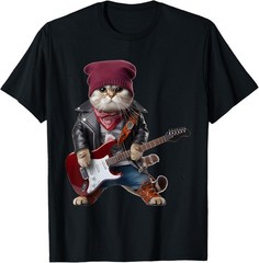 Cat Playing Guitar Cute Funny Cute Kitten Rock Rockin Cat T-Shirt