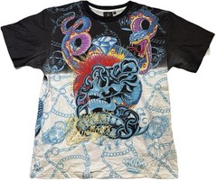 Vintage Christian Audigier Skulls & Roses AOP XL Rinestones Double Sided NWOT
