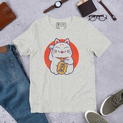 Japanese Maneki Neko Lucky Cat Tee Fortune Wealth Gold Coin Soft Cotton Tee