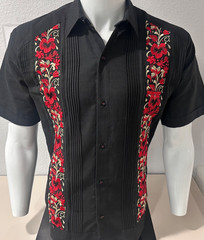 Men Handcrafted Mexico Guayabera Shirt Black Short Sleeve Red & Gold Embroidery