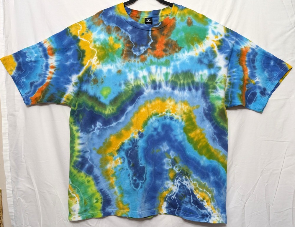 Handmade Tie Dye Geode Pattern Blue Green Yellow Orange 3XL Shirt 27.5″ W X 33″L